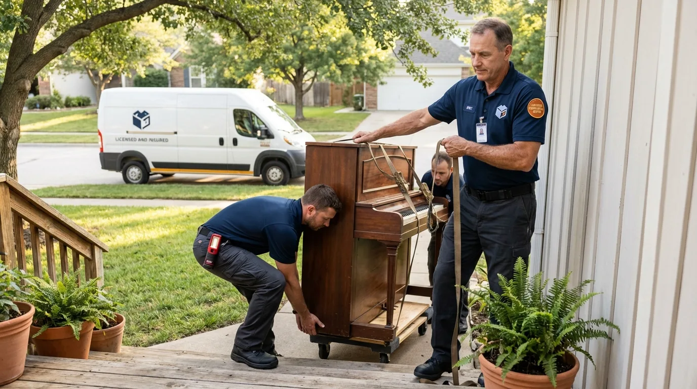 Licensed piano movers securing grand piano in Garner, NC